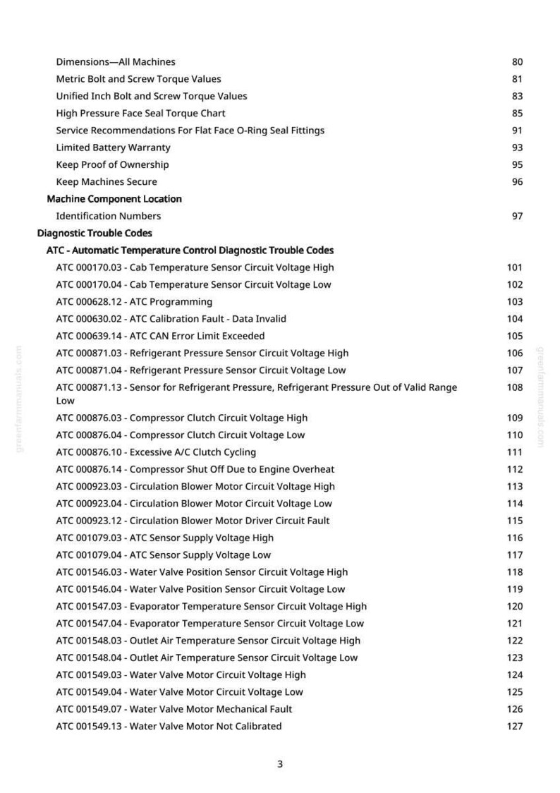 May include: A white page from a manual with a list of diagnostic trouble codes for an ATC system. The page includes codes for cab temperature, refrigerant pressure, and water valve motor issues.