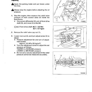 May include: Diagrams and instructions for testing and adjusting hydraulic pressure in work equipment. The image includes detailed illustrations of components and steps, with text describing the process and measurements.