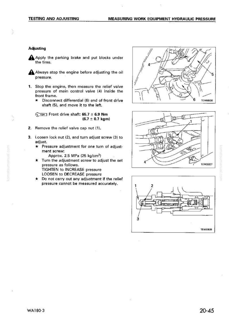 May include: Diagrams and instructions for testing and adjusting hydraulic pressure in work equipment. The image includes detailed illustrations of components and steps, with text describing the process and measurements.