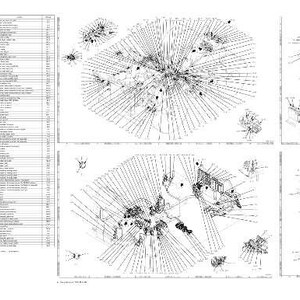 Puede incluir: Un dibujo arquitect&oacute;nico detallado con m&uacute;ltiples paneles. Los paneles presentan varios dise&ntilde;os, diagramas y listas, todos en blanco y negro. El estilo es t&eacute;cnico y preciso, mostrando detalles intrincados y relaciones espaciales.