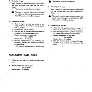 May include: A page from a repair manual detailing procedures for replacing crank, flywheel ring, and cam gears. Instructions include heating temperatures in Celsius and heating times in minutes.