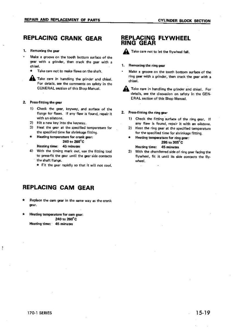 May include: A page from a repair manual detailing procedures for replacing crank, flywheel ring, and cam gears. Instructions include heating temperatures in Celsius and heating times in minutes.