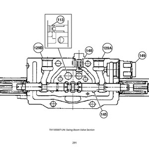 May include: Detailed technical illustration of a swing boom valve section. The diagram, labeled TX1183007, shows a complex mechanical assembly with various components, including labeled parts (24, 25, 113, 129A, 129B, 145, 148, 149).