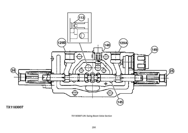 May include: Detailed technical illustration of a swing boom valve section. The diagram, labeled TX1183007, shows a complex mechanical assembly with various components, including labeled parts (24, 25, 113, 129A, 129B, 145, 148, 149).