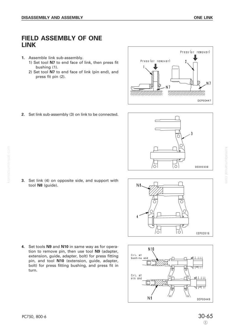 May include: Diagram illustrating the disassembly and assembly of a mechanical link. The image shows step-by-step instructions with labeled tools and components, including N7, N8, N9, and N10. The text includes instructions for pressing and fitting parts.