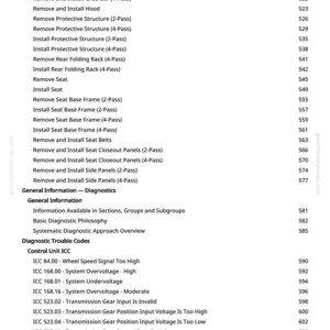 May include: A page from a manual with a list of automotive repair procedures and diagnostic trouble codes. The text includes terms like "Install Floor Panel," "Remove Seat," and various ICC codes related to wheel speed and transmission.