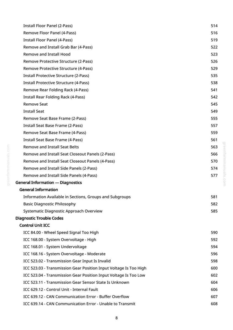May include: A page from a manual with a list of automotive repair procedures and diagnostic trouble codes. The text includes terms like "Install Floor Panel," "Remove Seat," and various ICC codes related to wheel speed and transmission.