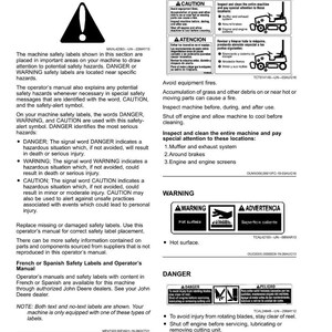May include: A page from a machine's safety manual, featuring safety labels with text in English, Spanish, and French. The labels warn about potential hazards, including hot surfaces and rotating blades. The manual provides instructions and safety precautions.