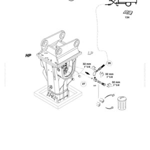 May include: An engineering diagram of a Komatsu machine, featuring a detailed illustration of its components. The diagram includes measurements of 1 1/4 inches and the text "HP", "LP", and "AIR". The diagram also includes the text "KOMATSU 2022 rev 04".