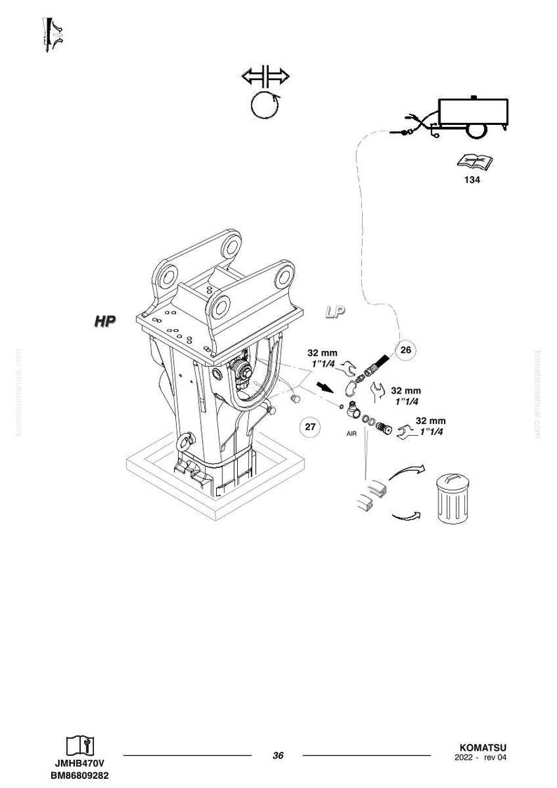 May include: An engineering diagram of a Komatsu machine, featuring a detailed illustration of its components. The diagram includes measurements of 1 1/4 inches and the text "HP", "LP", and "AIR". The diagram also includes the text "KOMATSU 2022 rev 04".