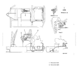 Puede incluir: Diagrama t&eacute;cnico que ilustra un sistema de control del motor, con dibujos lineales detallados de varios componentes. El diagrama incluye etiquetas para la palanca de control de combustible y el cable de control de combustible, con vistas seccionales para mayor claridad. El texto "ENGINE CONTROL" es visible.