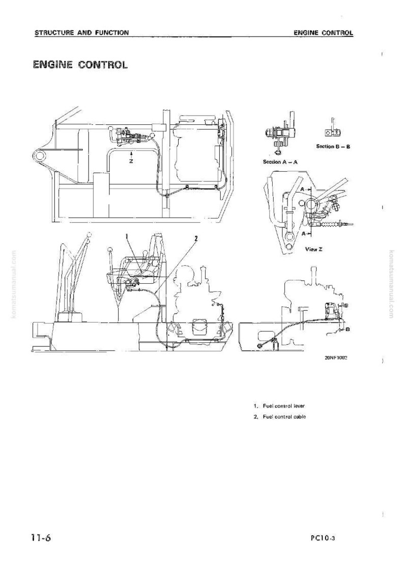 Puede incluir: Diagrama t&eacute;cnico que ilustra un sistema de control del motor, con dibujos lineales detallados de varios componentes. El diagrama incluye etiquetas para la palanca de control de combustible y el cable de control de combustible, con vistas seccionales para mayor claridad. El texto "ENGINE CONTROL" es visible.