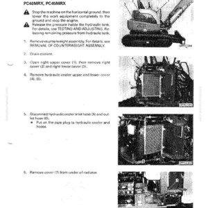 May include: Diagram from a manual detailing the removal of a radiator and hydraulic cooler assembly for PC40MRX and PC45MRX models. Includes step-by-step instructions and images of the components.