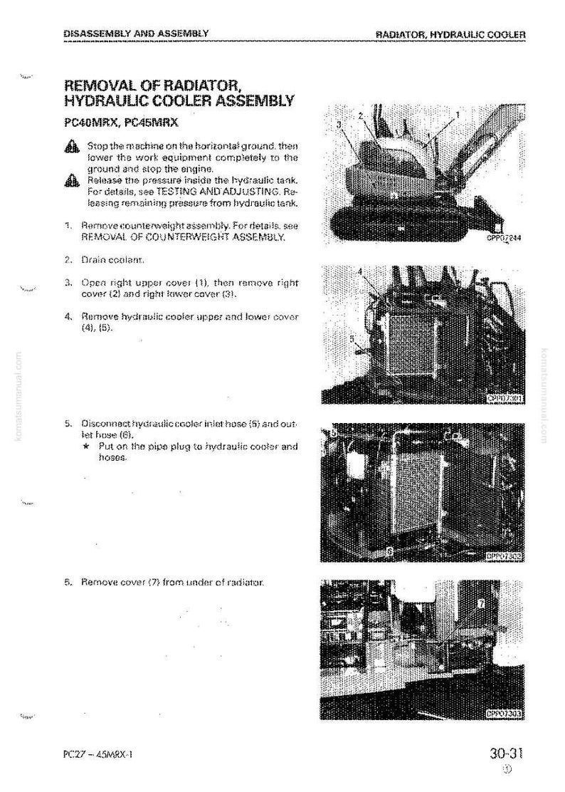 May include: Diagram from a manual detailing the removal of a radiator and hydraulic cooler assembly for PC40MRX and PC45MRX models. Includes step-by-step instructions and images of the components.