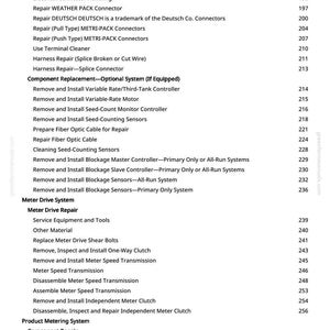 May include: A detailed list of repair and maintenance procedures for agricultural machinery, including component replacement and meter drive system repair. The text is in black font on a white background, with page numbers and a website address.