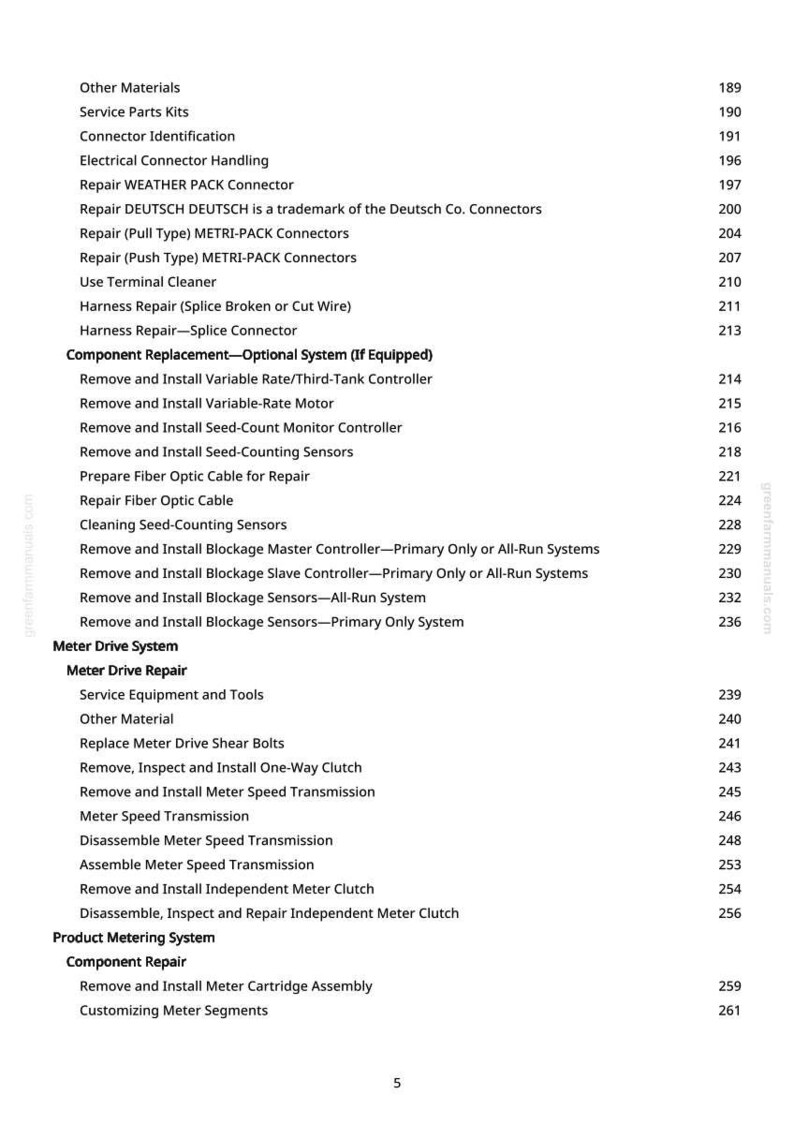 May include: A detailed list of repair and maintenance procedures for agricultural machinery, including component replacement and meter drive system repair. The text is in black font on a white background, with page numbers and a website address.