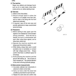 May include: Diagram of equipment testing procedures. Includes text instructions, road barriers, striped poles, and a stopwatch. The text details safety precautions and measurement guidelines for performance tests.