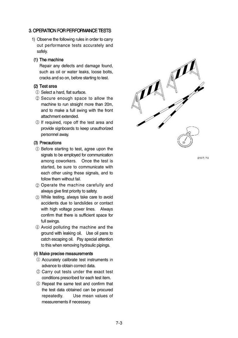 May include: Diagram of equipment testing procedures. Includes text instructions, road barriers, striped poles, and a stopwatch. The text details safety precautions and measurement guidelines for performance tests.