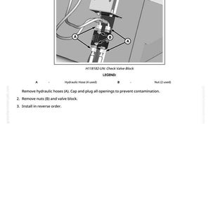 May include: Diagram showing the removal and installation of a check valve block. The image includes a close-up of the valve block with labels for hydraulic hoses and nuts. Text instructions are provided for the removal and installation process.