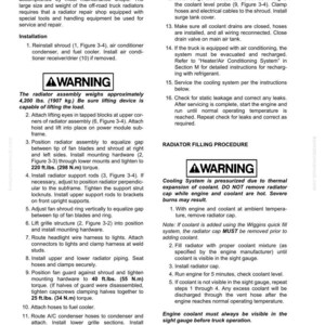 May include: A manual page with instructions for radiator service and installation. It features warnings about the weight of the radiator assembly (1907 kg) and the risks of hot coolant. Procedures include coolant filling and system checks.