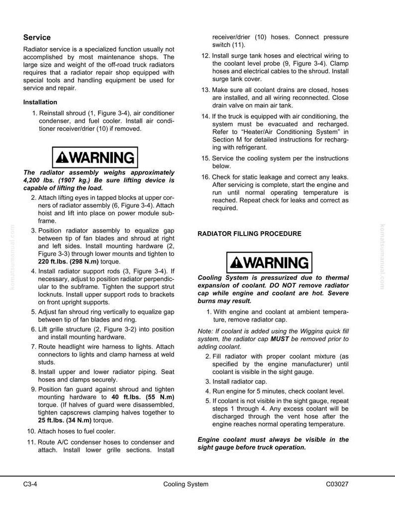 May include: A manual page with instructions for radiator service and installation. It features warnings about the weight of the radiator assembly (1907 kg) and the risks of hot coolant. Procedures include coolant filling and system checks.