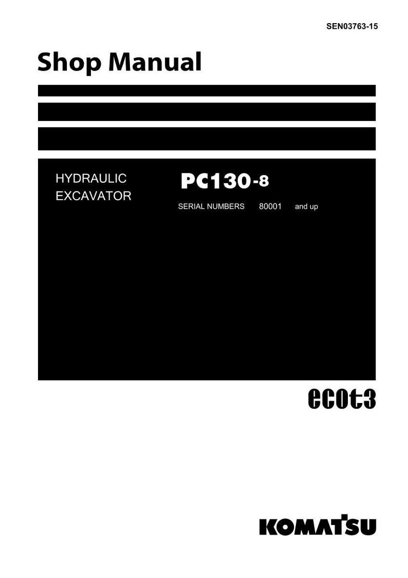 May include: A black and white shop manual cover. The title "Shop Manual" is at the top. Below, the text reads "Hydraulic Excavator PC130-8". The serial numbers are listed as 80001 and up. The Komatsu logo is at the bottom.