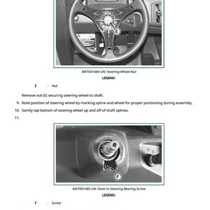 May include: Black and white diagram of a steering wheel assembly, with close-up shots of the nut and screw. Text includes "MXT001484-UN: Steering Wheel Nut" and "MXT001485-UN: Dash to Steering Bearing Screw".