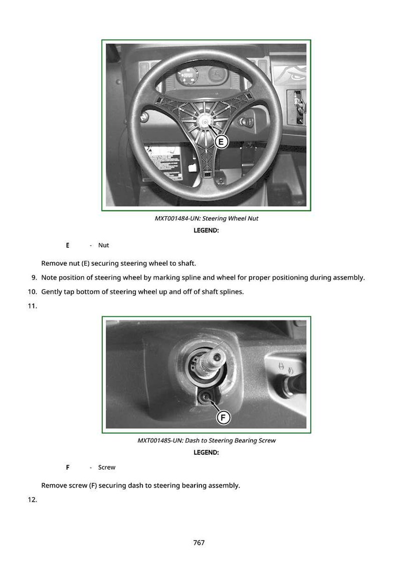 May include: Black and white diagram of a steering wheel assembly, with close-up shots of the nut and screw. Text includes "MXT001484-UN: Steering Wheel Nut" and "MXT001485-UN: Dash to Steering Bearing Screw".