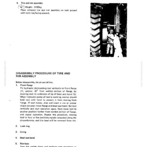 Puede incluir: Una p&aacute;gina de un manual que detalla el procedimiento de desmontaje de un conjunto de neum&aacute;tico y llanta. El texto incluye instrucciones para quitar el tal&oacute;n del neum&aacute;tico y enumera los componentes, como la brida delantera y el anillo de bloqueo. El peso del conjunto es de 3100 kg.