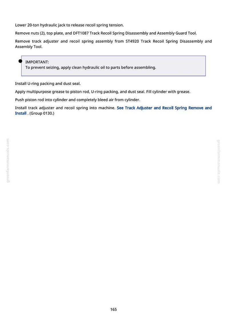 May include: A white page with black text detailing mechanical assembly instructions. The text includes steps for hydraulic jack use, spring tension release, and part installation. The page also features the website address greenfarmmanuals.com.