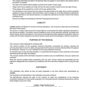 May include: A printed manual for REX F-GT-GE tractors, manufactured by Landini. The document includes sections on liability, purpose, and copyright information. The manual's pages are numbered and contain technical details for servicing and repairs.