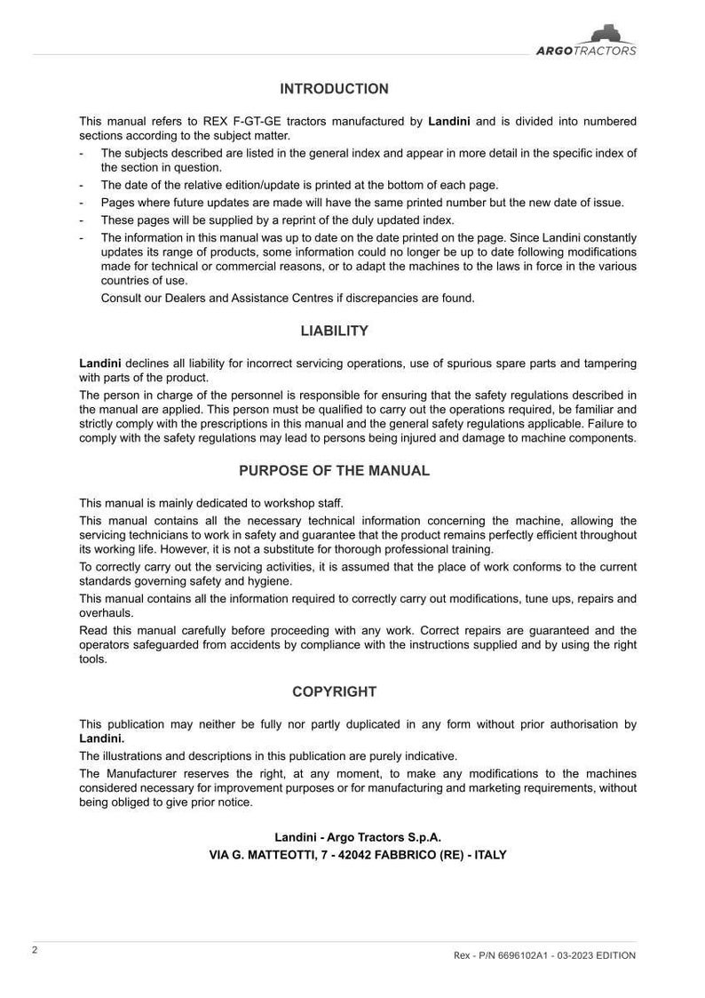 May include: A printed manual for REX F-GT-GE tractors, manufactured by Landini. The document includes sections on liability, purpose, and copyright information. The manual's pages are numbered and contain technical details for servicing and repairs.