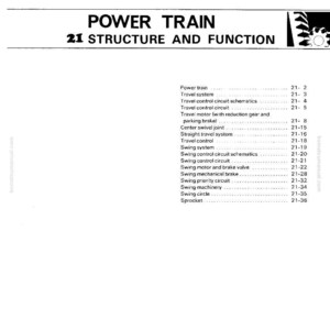 K&ouml;nnte beinhalten: Eine Seite aus einem Handbuch mit dem Titel "POWER TRAIN 21 STRUCTURE AND FUNCTION". Die Seite listet verschiedene Komponenten wie Fahrwerk, Schwenksystem und Steuerungsschaltungen auf. Das Dokument ist mit PC60-5 gekennzeichnet und enth&auml;lt eine Website-Adresse.