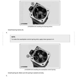 Op de afbeelding: Technische diagram van mechanische componenten met labels en instructies. De afbeelding toont de interne onderdelen van een machine, inclusief lagerhelften en een regelveer. Tekst bevat "LX1025594" en "LX1025595" met installatiestappen.