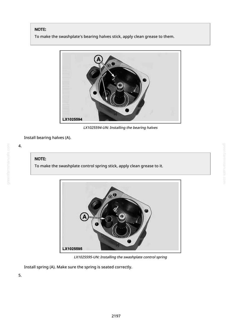 Op de afbeelding: Technische diagram van mechanische componenten met labels en instructies. De afbeelding toont de interne onderdelen van een machine, inclusief lagerhelften en een regelveer. Tekst bevat "LX1025594" en "LX1025595" met installatiestappen.