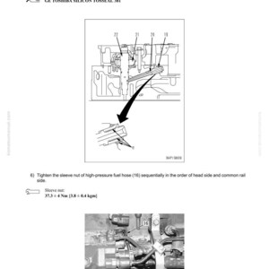 May include: Technical diagram with the title "Testing and Adjusting" and "Testing compression pressure". The diagram includes a detailed illustration of engine components, with callouts for specific parts and instructions for tightening a sleeve nut.