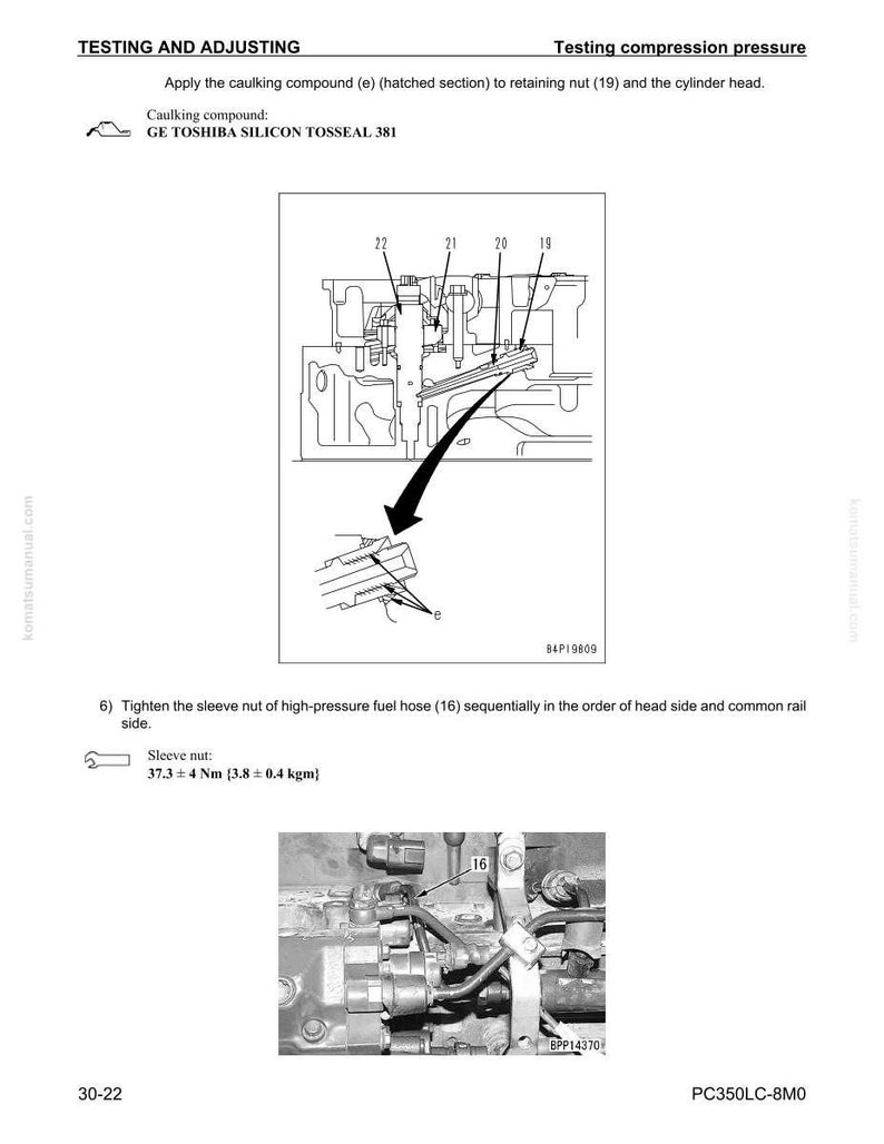 May include: Technical diagram with the title "Testing and Adjusting" and "Testing compression pressure". The diagram includes a detailed illustration of engine components, with callouts for specific parts and instructions for tightening a sleeve nut.