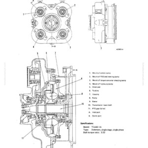 May include: Technical diagram of a torque converter, labeled with various components. The diagram includes top and side views, with detailed internal structures and part labels. Text includes specifications for the TCA40-1A model.