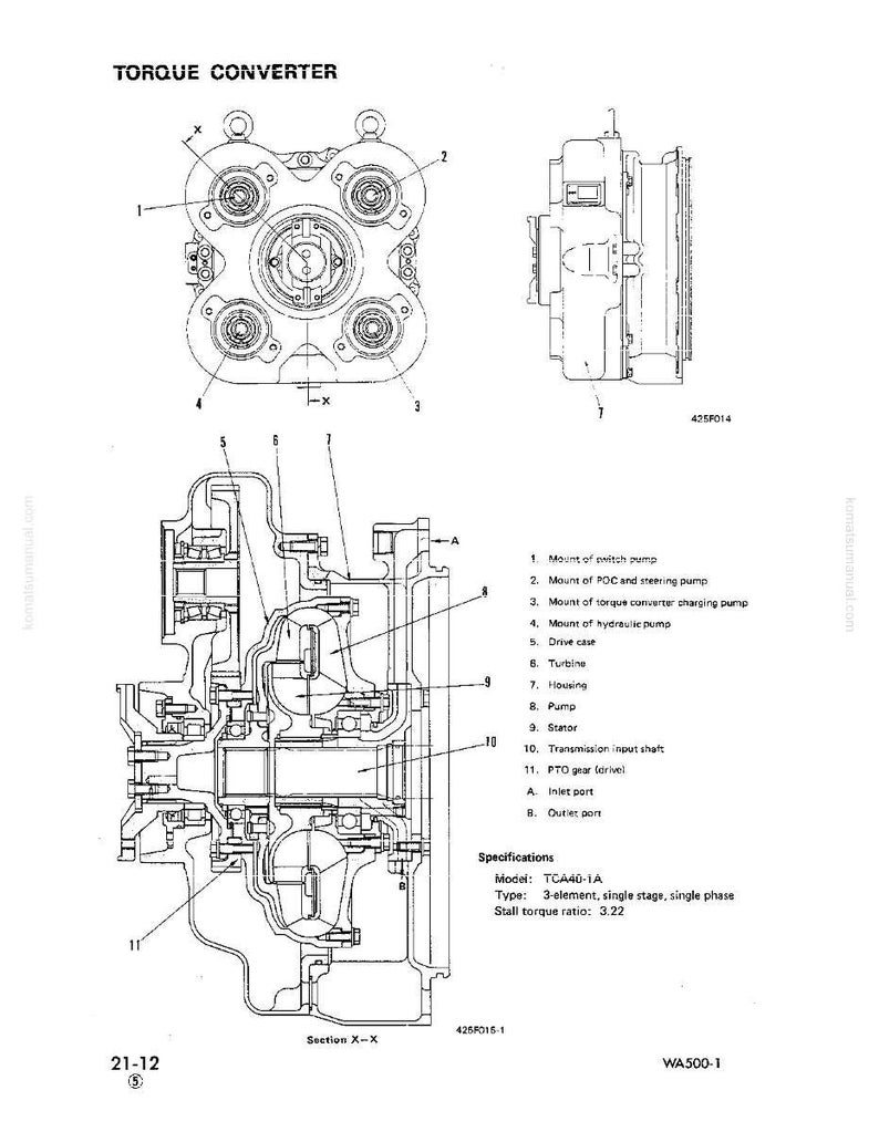 May include: Technical diagram of a torque converter, labeled with various components. The diagram includes top and side views, with detailed internal structures and part labels. Text includes specifications for the TCA40-1A model.
