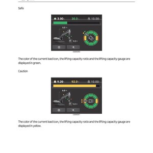 May include: Two digital displays showing excavator operational data. The top display shows green indicators for safe operation, the bottom shows yellow for caution. Both displays show load, ratio, and gauge readings. Measurements are in metres.