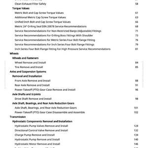 May include: A white printed page from greenfarmmanuals.com with a table of contents. The text includes headings like "Torque Values," "Wheels," and "Transmission," with corresponding page numbers.