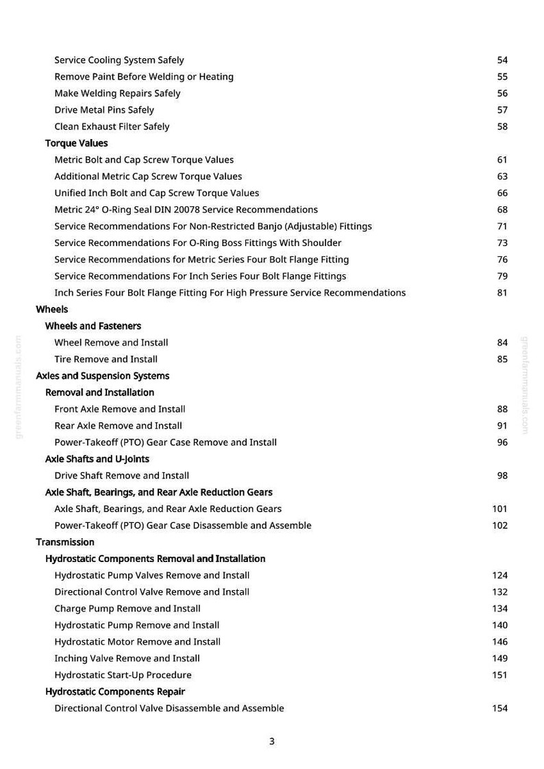 May include: A white printed page from greenfarmmanuals.com with a table of contents. The text includes headings like "Torque Values," "Wheels," and "Transmission," with corresponding page numbers.
