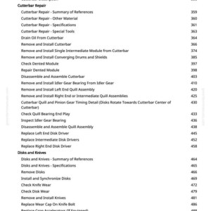 May include: A detailed table of contents from a manual, listing various procedures related to cutterbar repair, disks, knives, and cutterbar assembly. The page number is visible at the right side of the page.