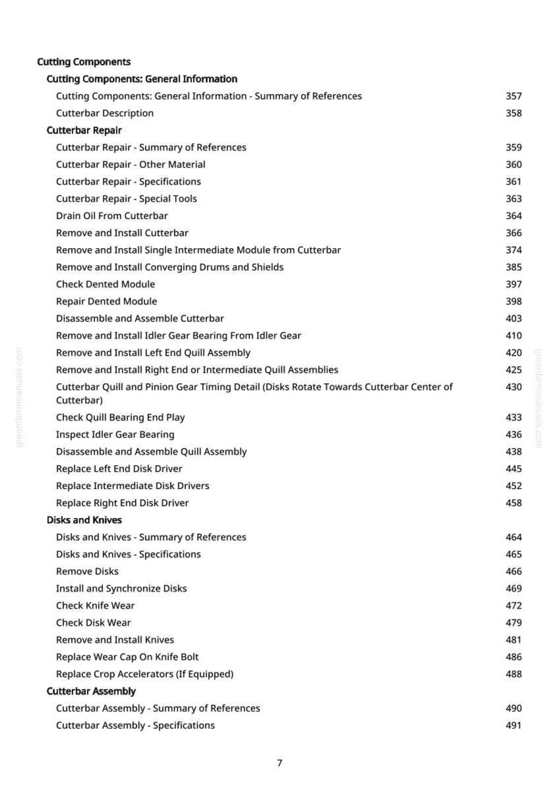 May include: A detailed table of contents from a manual, listing various procedures related to cutterbar repair, disks, knives, and cutterbar assembly. The page number is visible at the right side of the page.
