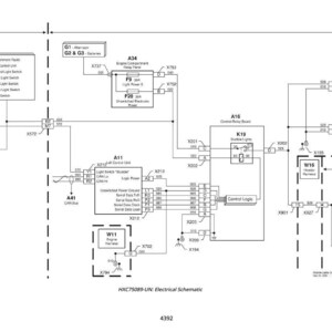 Op de afbeelding: Een elektrisch schema met diverse componenten en bedrading, waaronder een motorruimte-relais, een controlerelaisbord en lichtschakelaars. Het schema bevat tekstlabels en referentienummers.