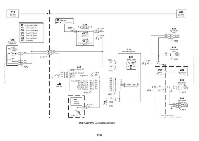 Op de afbeelding: Een elektrisch schema met diverse componenten en bedrading, waaronder een motorruimte-relais, een controlerelaisbord en lichtschakelaars. Het schema bevat tekstlabels en referentienummers.