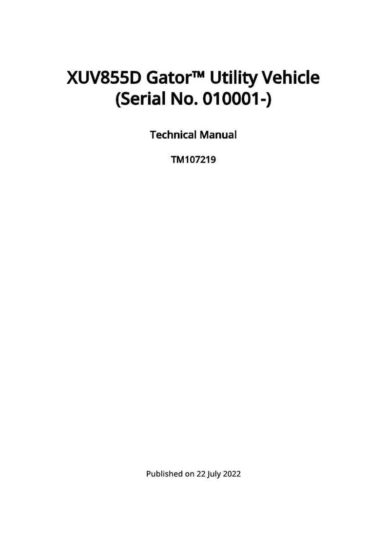 K&ouml;nnte beinhalten: Wei&szlig;es Dokument mit schwarzem Text: "XUV855D Gator Utility Vehicle (Serial No. 010001-)", "Technical Manual" und "TM107219". Ver&ouml;ffentlicht am 22. Juli 2022.