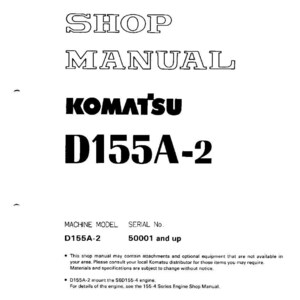 May include: A white shop manual with black text. The title "SHOP MANUAL" is at the top, followed by "KOMATSU D155A-2". The manual includes machine model and serial number information. The copyright is 1994 KOMATSU.