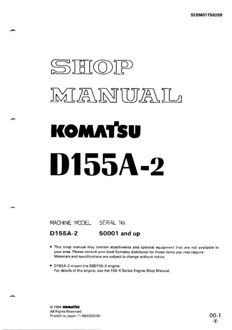 May include: A white shop manual with black text. The title "SHOP MANUAL" is at the top, followed by "KOMATSU D155A-2". The manual includes machine model and serial number information. The copyright is 1994 KOMATSU.