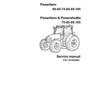 May include: Black and white line drawing of a tractor. The image includes the text "Powerfarm" and "Powerfarm & Powershuttle" with model numbers. The words "Service manual" and a part number are also present.